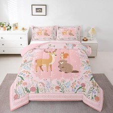 Floral Animal Toddler Kids Bedding Set - Cute Sika Deer Full Blush Pink