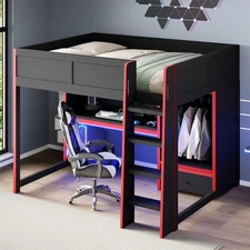 Full Size Gaming Loft Bed with Built-in Desk,Wardrobe,Drawer and LED Light,Black