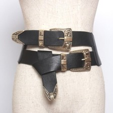 Vintage Double Buckle Black Waist Belt Women's Faux Leather Party Waistband