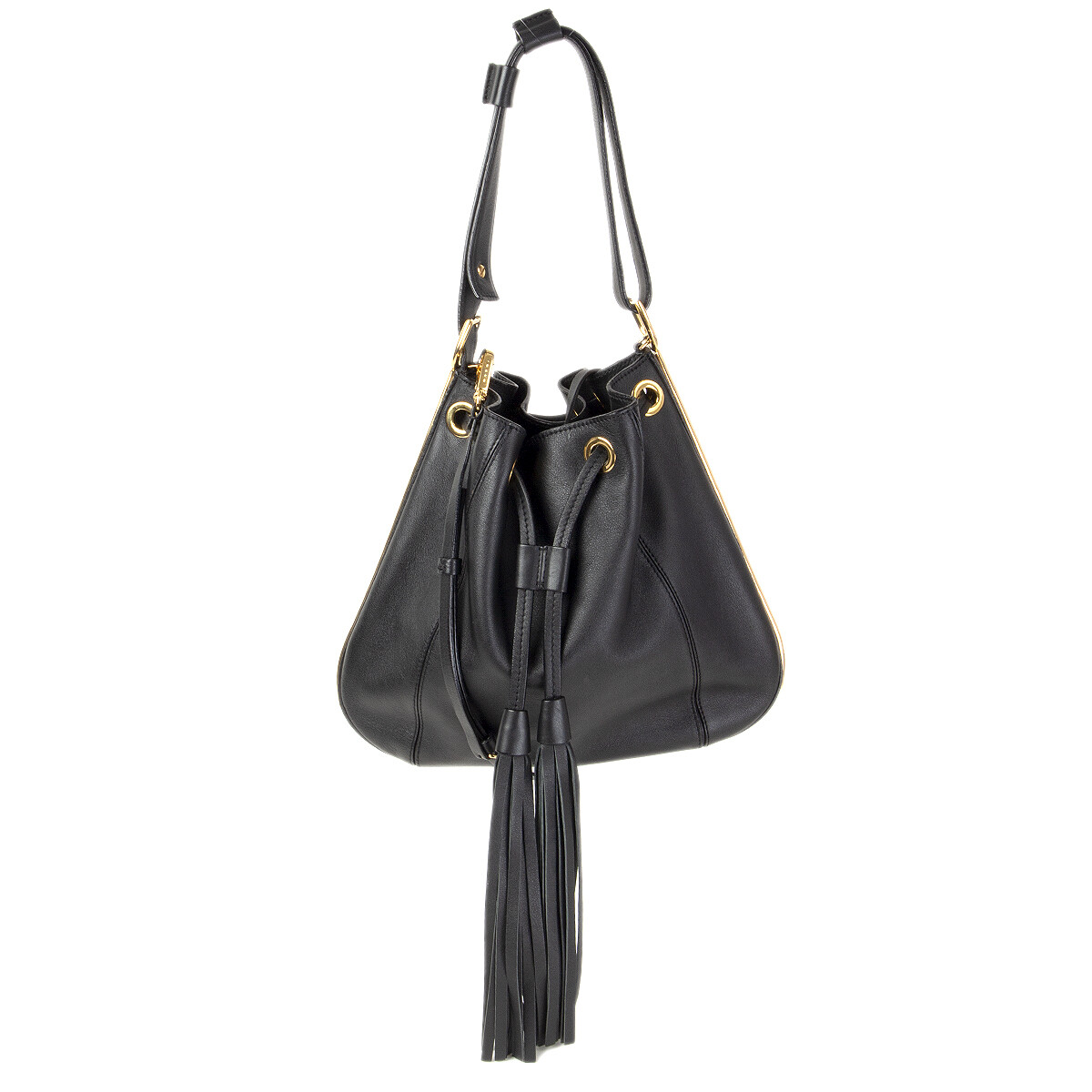 61203 auth MARNI black leather SMALL DRAWSTRING TASSEL