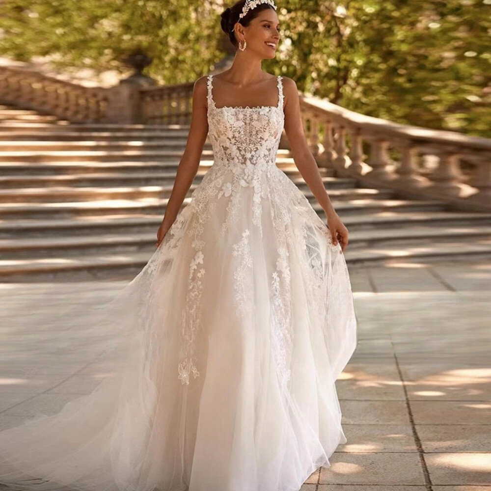 Square Neck Wedding Dresses Appliques Sleeveless Backless Tulle Bridal  Gowns New
