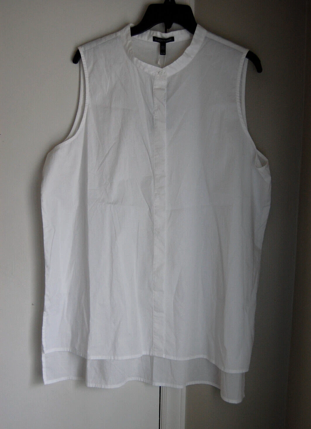 Eileen Fisher Mandarin Collar Long Sleeveless Shirt White XL