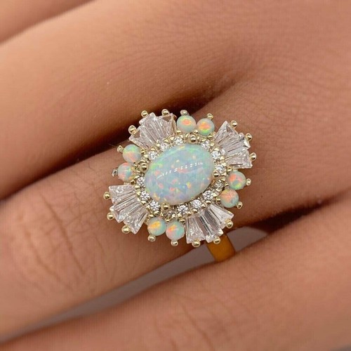 2Ct Oval Cut Fire Opal Diamond Halo Fancy Engagement Ring 14K Yellow Gold Plated - Picture 5 of 5