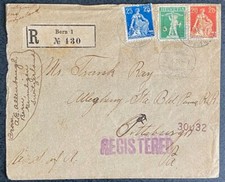 1914 5c+20c+25c Registered Bern Switzerland to Pittsburg PA USA Classic
