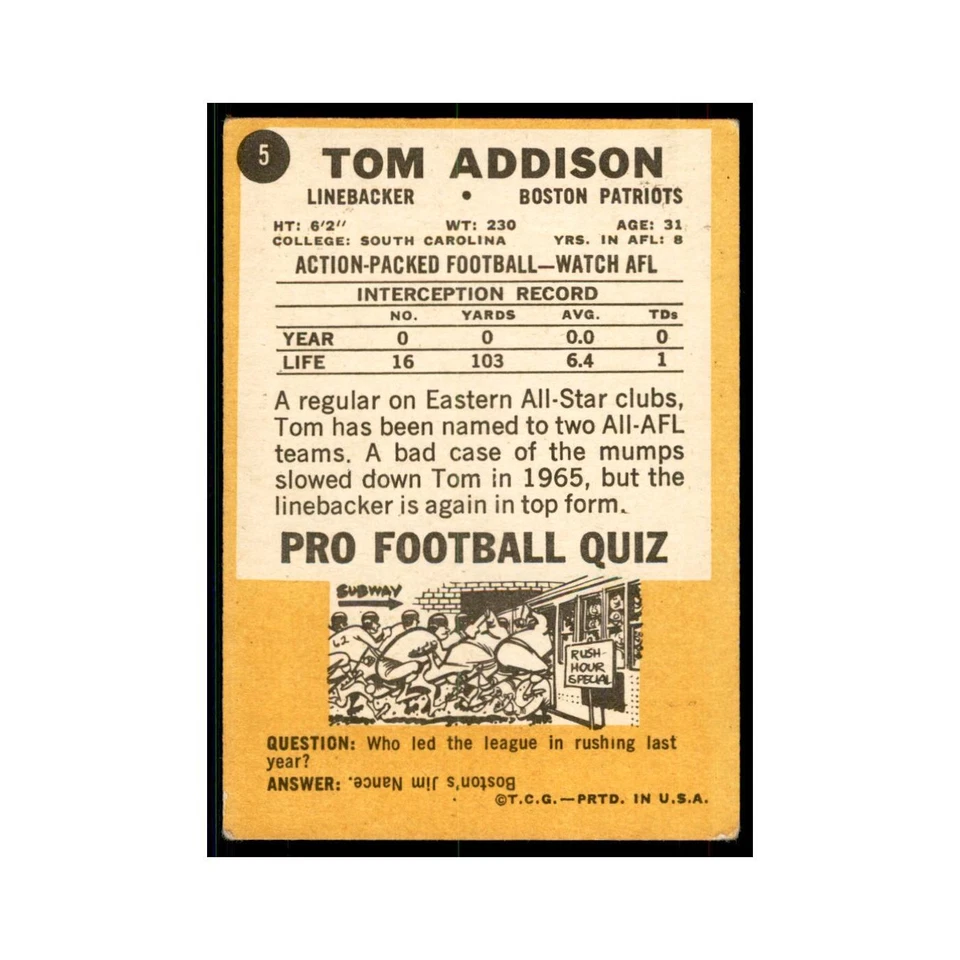 1967 Topps Tommy Addison Boston Patriots #5 - Image 2 of 3