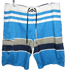 O'Neill Board Shorts Mens Sz 34 Turquoise White Stripe Swim Trunks Bermuda 21"