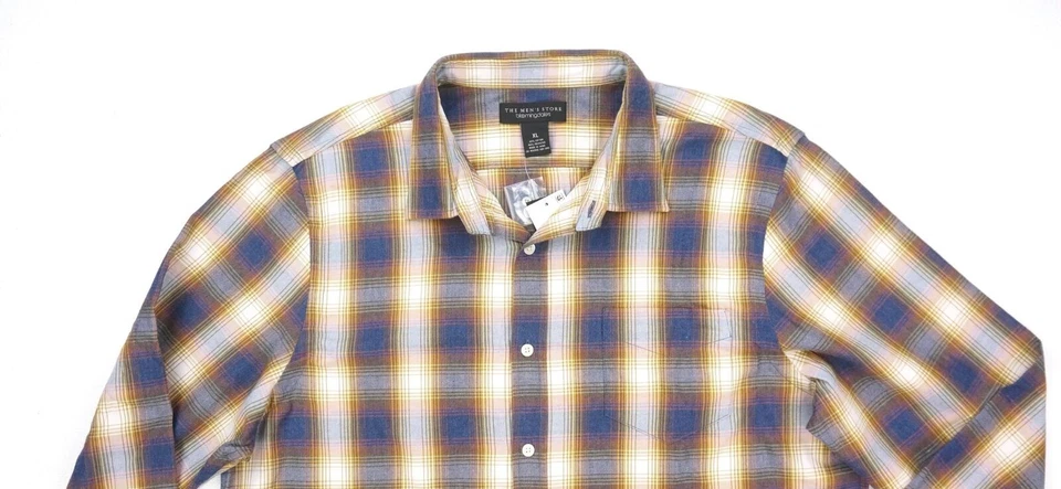 NEW $98 BLOOMINGDALES BROWN DENIM BLUE PLAID BRUSHED FLANNEL BUTTON DOWN SHIRT - Image 4 of 4