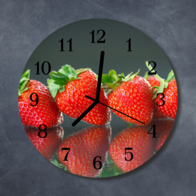 Tulup Echt-Glas Uhr Wanduhr Rund Küche 30 cm  Erdbeeren rot