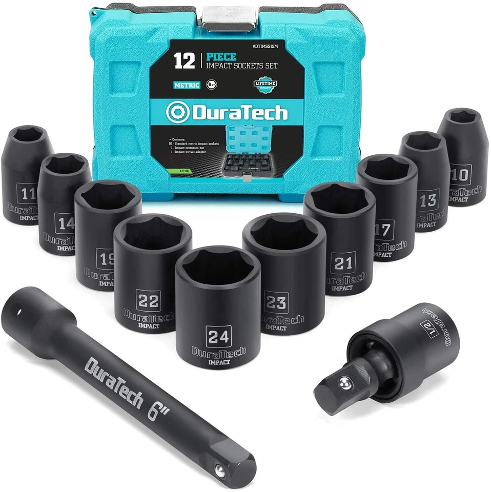 DURATECH 12PCS 1/2''Drive Impact Socket Set Metric Sockets Adapter Extension Bar - Image 2 of 4