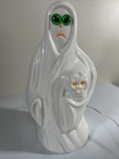 Vintage 1980s Halloween Lighted Ceramic Ghost Mold Holding Lighted Skull 12?