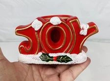 VTG Christmas Candle Holder Mini Planter JOY Ceramic Mica Frosted Hand Painted