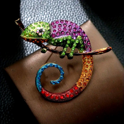 Vibrant Chameleon Brooch Pin Rhinestone Embellished Enamel Coated