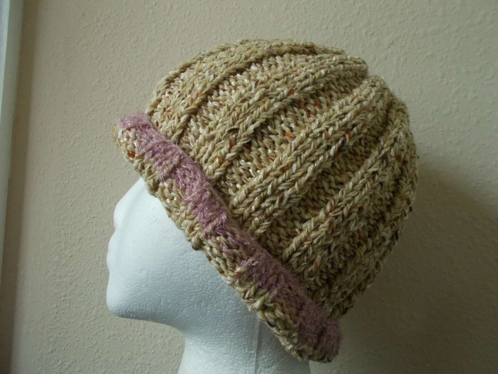 Hand knitted bulky & warm beanie/hat, beige/natural/mauve
