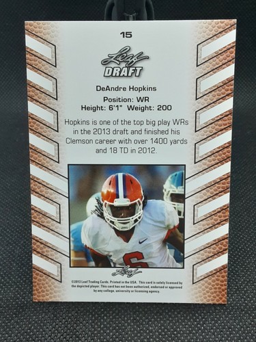 2013 Leaf Draft - DeAndre Hopkins RC #15 Arizona Cardinals - Picture 2 of 2