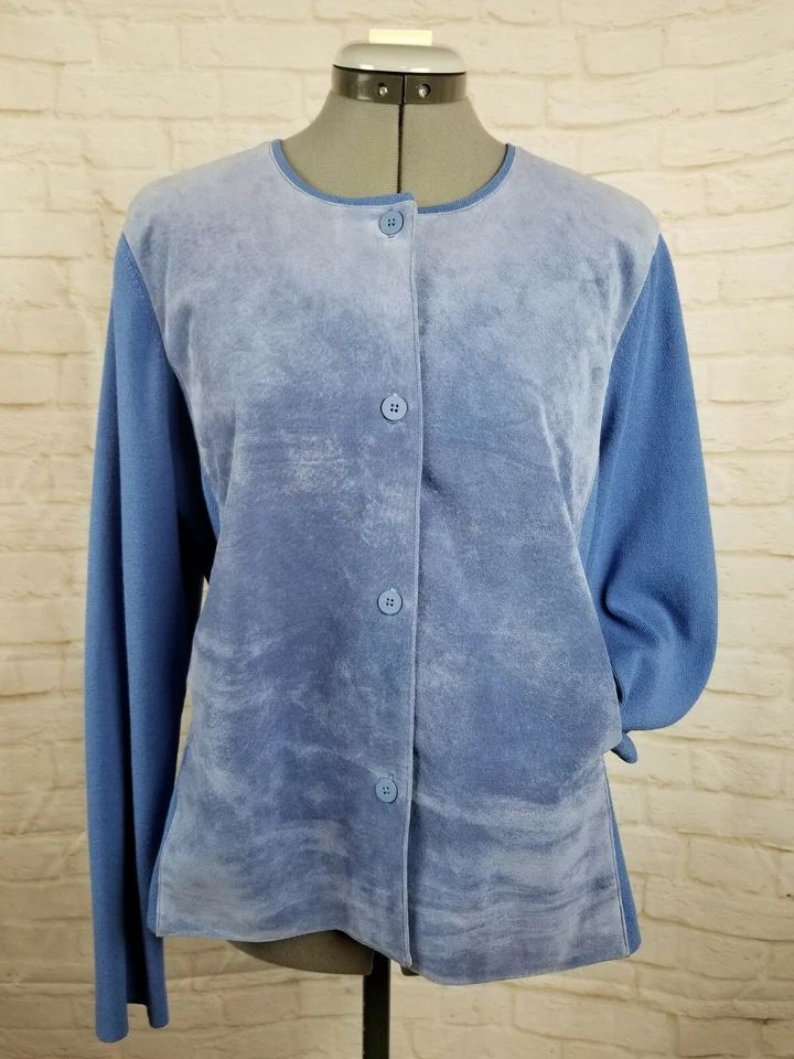Jones NY Women's Top LG Blue Leather Knit Button Up Long Sleeve Soft Lined EUC - Image 2 of 4