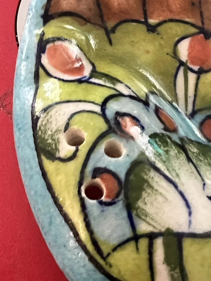 Quemador de incienso de cerámica vintage pintado a mano anillo plato brillante floral India México Foto 4 de 4