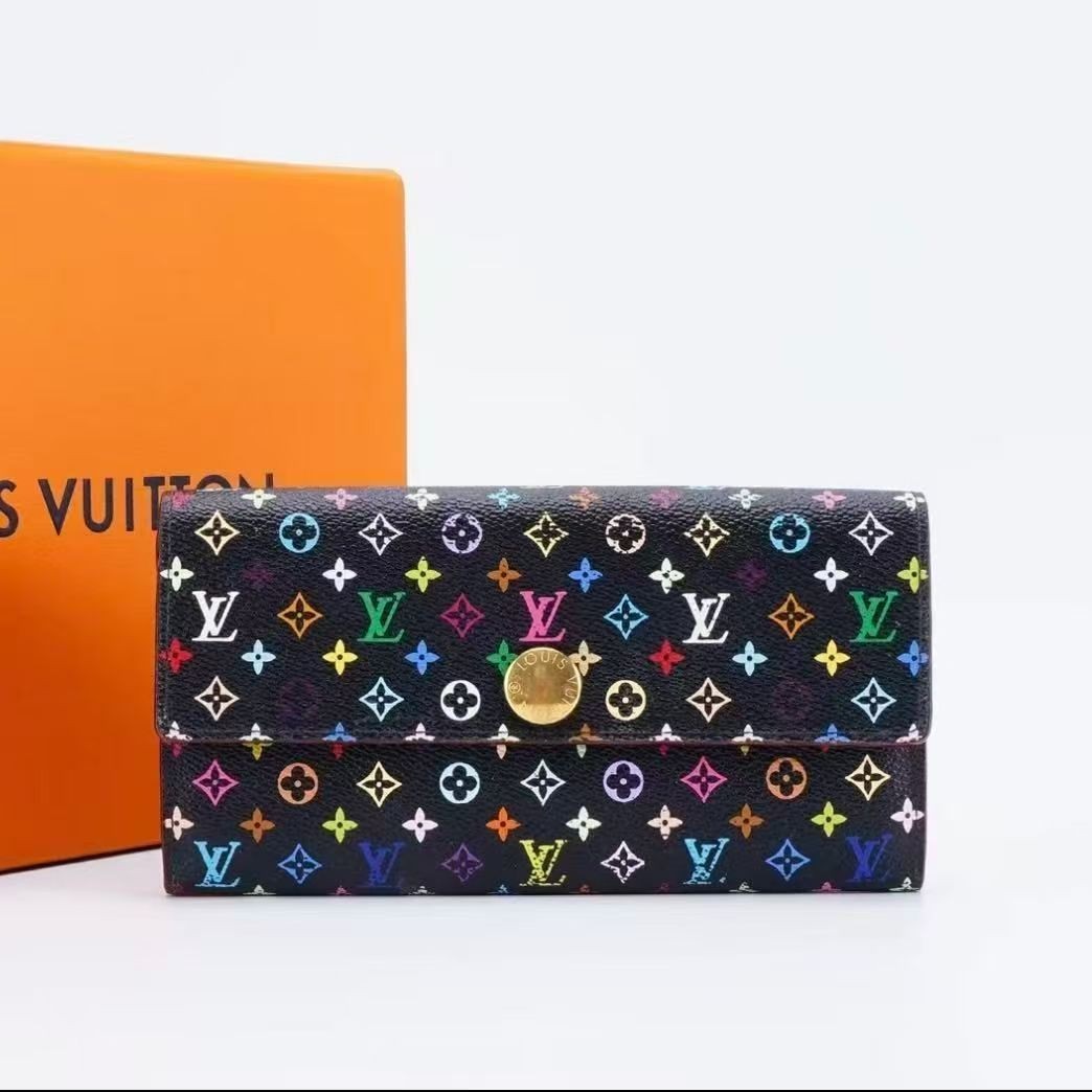 Louis Vuitton LV Sarah Long Wallet Black Monogram Multicolor Takashi Murakami Ca