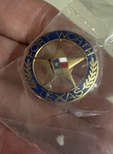 Vintage Fort Worth Texas Star Seal Enamel Lapel Pin Blue Gold Souvenir Rangers