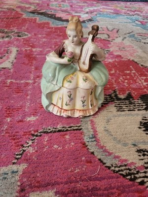 Great handpainted antique lady trinket box with harp and rose Victorian vanity