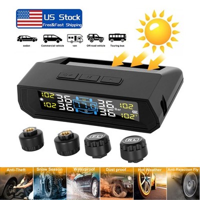 Wireless Solar TPMS LCD Car Tire Pressure Monitoring System (4) External Sensor