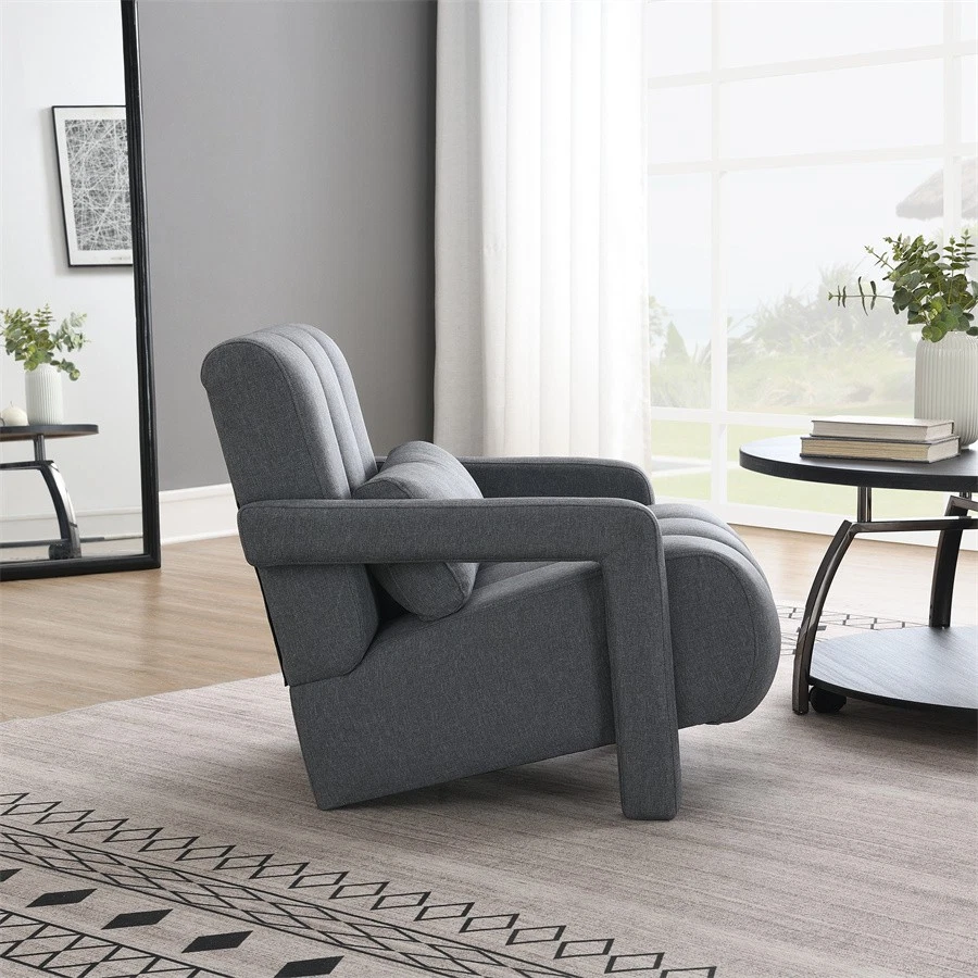 Sillón moderno silla de acento para sala de estar silla lateral tapizada con almohada gris Foto 3 de 4