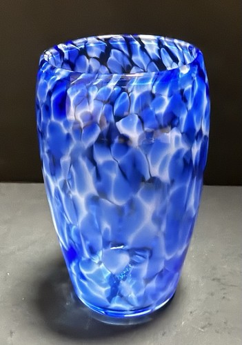 Orbix Cobalt Blue & White Hand Blown Glass Vase ~6" H Speckled - Picture 2 of 9