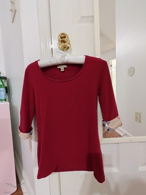 Pre-Owned Burberry Brit Womens T-Shirt Red Nova Check Cuff 3/4 Sleeve  Size S