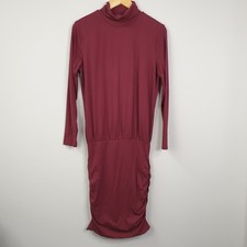 Hush Dress Womens Small Dark Red Bodycon Ruched Roll Neck Midi Stretch Jersey