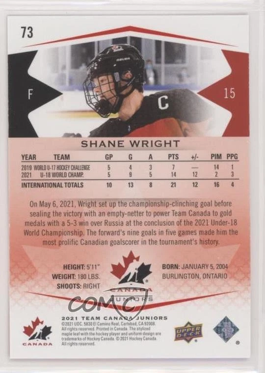 2021 Upper Deck Team Canada Juniors Exclusives /250 Shane Wright #73 - Image 2 of 2