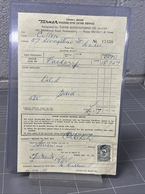 #ad VINTAGE DOCUMENT RECEIPT TURNER WASHER SPIN DRYER SERVICE NUNAWADING 1957 AU $9.99