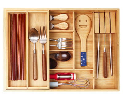 Double layer Bamboo Kitchen Drawer Organizer, Utensil Silverware Organizer, C...