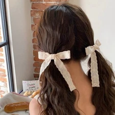 Elegant White Lace Hair Bows Clips, 2-Piece Lace Long Tail Clips