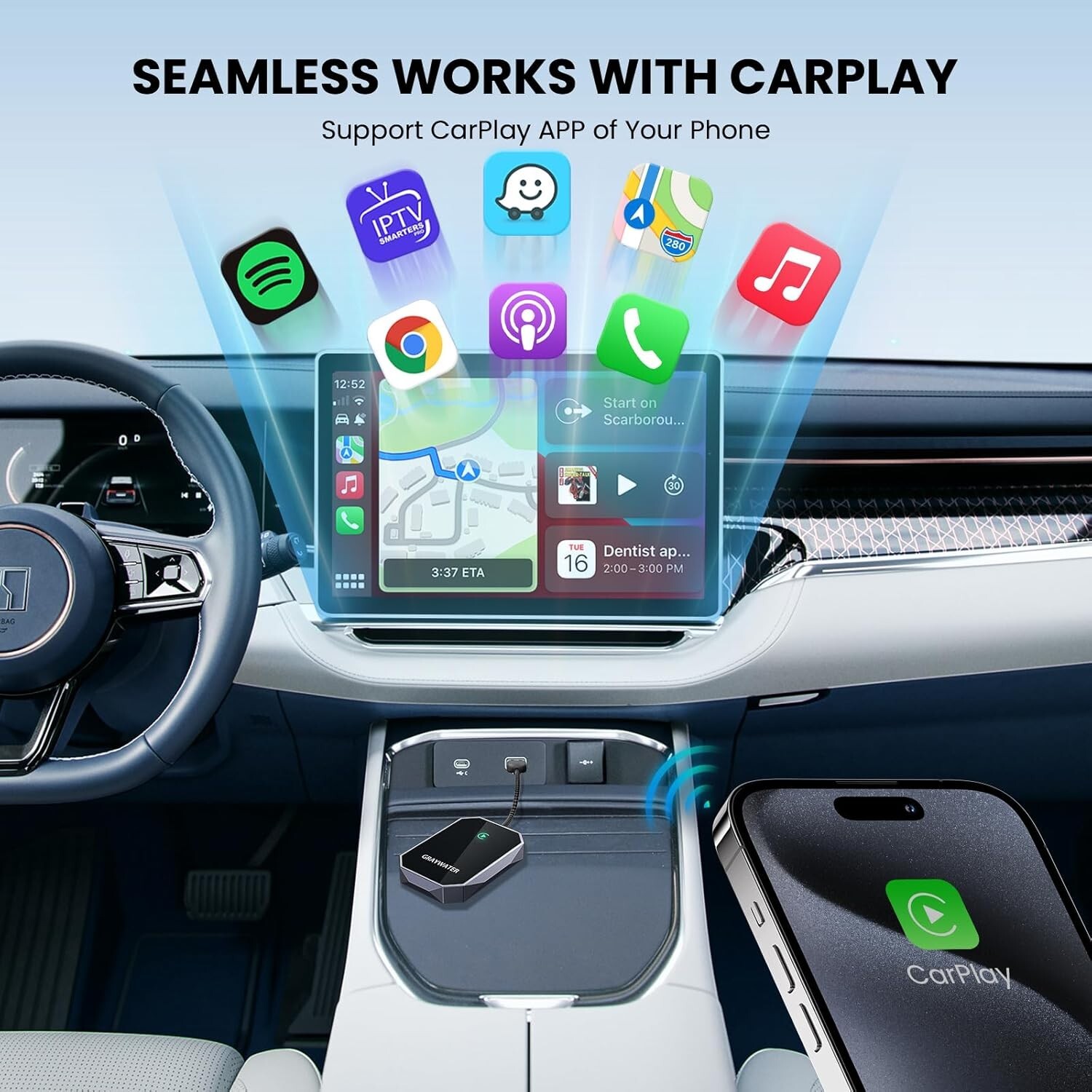 GRAYWATER Wireless CarPlay Adapter,Convert OEM Wired to Wireless Car Play Dongle