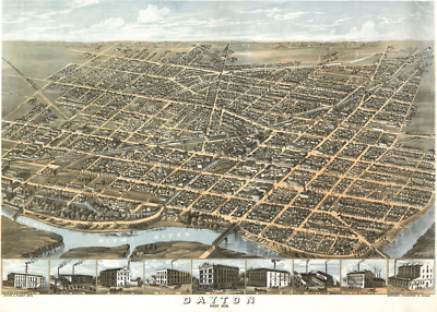 1870 Map Dayton Ohio Montgomery County Panoramic Aerial View Wall Poster Decor