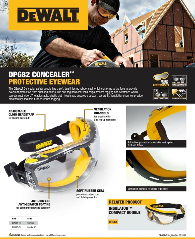 1 PR. DeWalt DPG82-11 CLEAR ANTI FOG Protective Over Glasses Safety Goggles Z87+ - Image 3 of 4