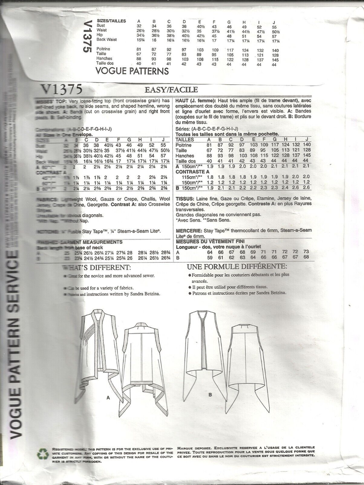 VOGUE Today's Fit V1376 MISSES' ONE SIZE TOPS SEWING PATTERN ©2013 | eBay