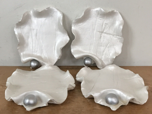 Set 4 Handmade Silver Oyster Shell Pearl Ceramic Wedding Candle Holders Plates