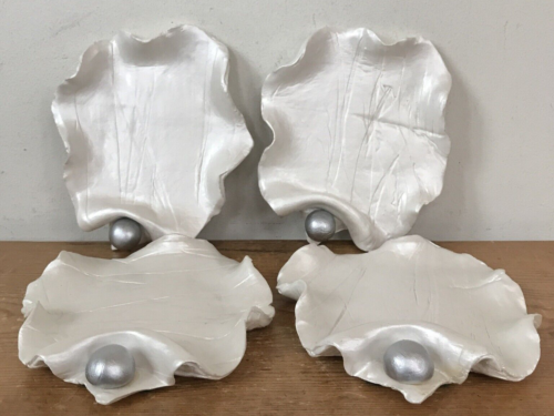 Set 4 Handmade Silver Oyster Shell Pearl Ceramic Wedding Candle Holders Plates - Picture 1 of 6