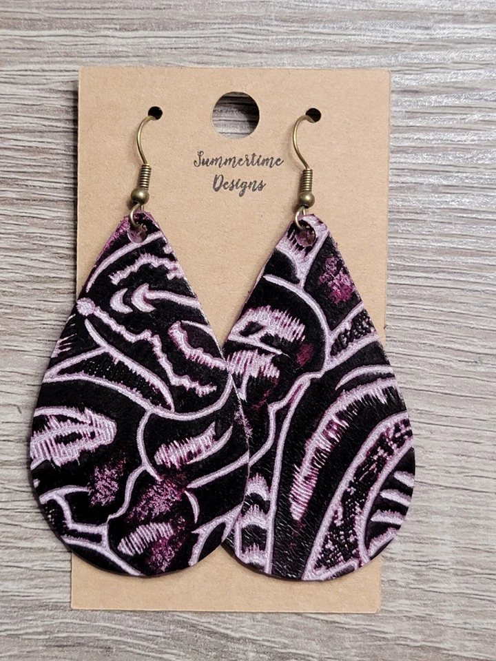 GENUINE Leather Teardrop Earrings Purple Tooled Western Leather - Image 1 of 1