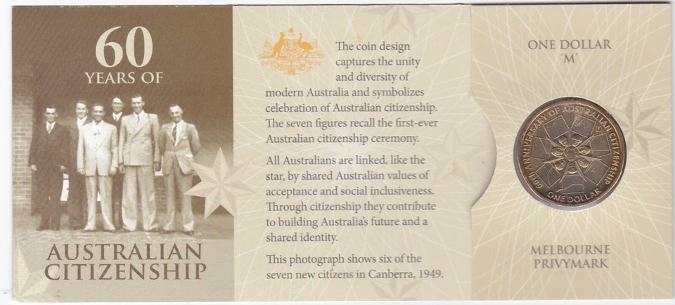 X1042 Australia 2009 60 years of Citizenship $1 dollar "M" mintmark uncirculated - Image 2 of 2