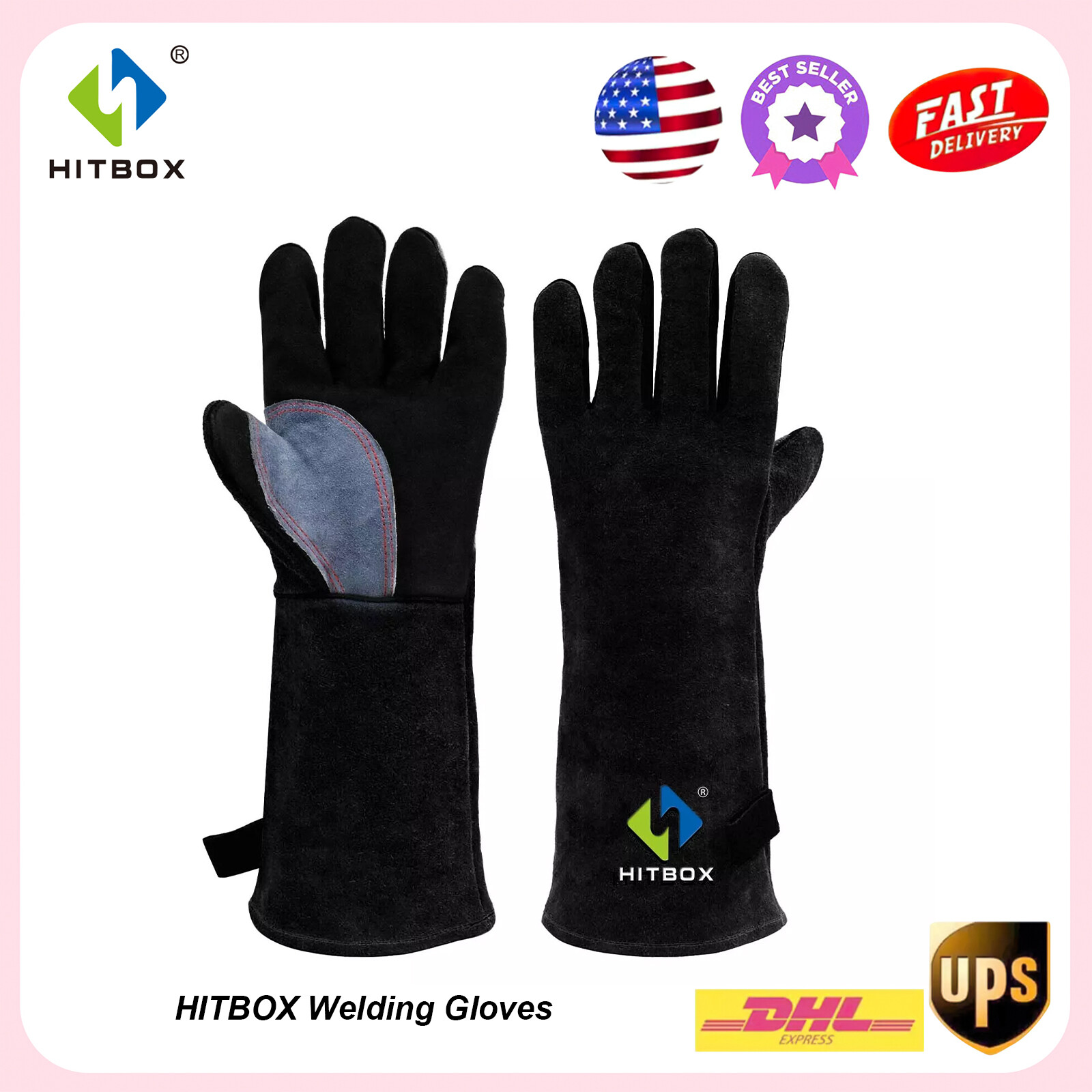 HITBOX Welding Gloves – 16" Cowhide Leather, Heat Resistant & Lined For Welding, BBQ, Blacksmithing (Blue & Black) 12 thumbnail image
