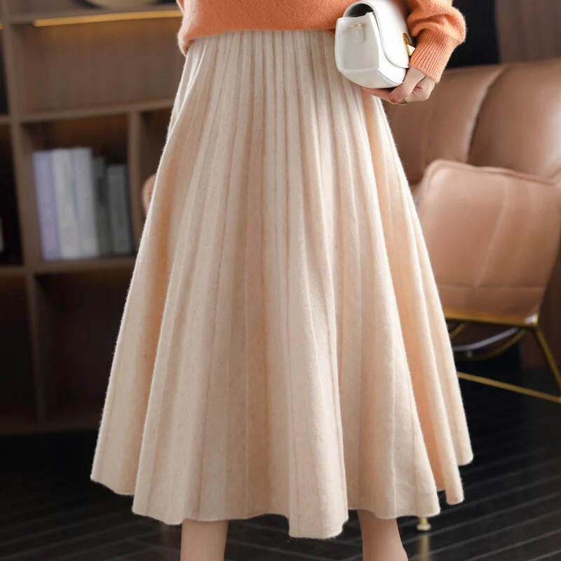 New Pure Cashmere High-Waist Pleated Long Skirt Knit Pack Hip Skirt A-Line