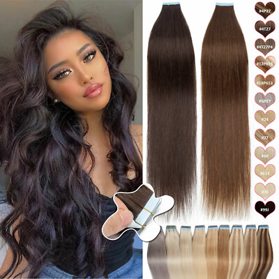 CLEARANCE 10-80PCS Tape In Remy Human Hair Extensions Skin Weft FULL HEAD #Brown