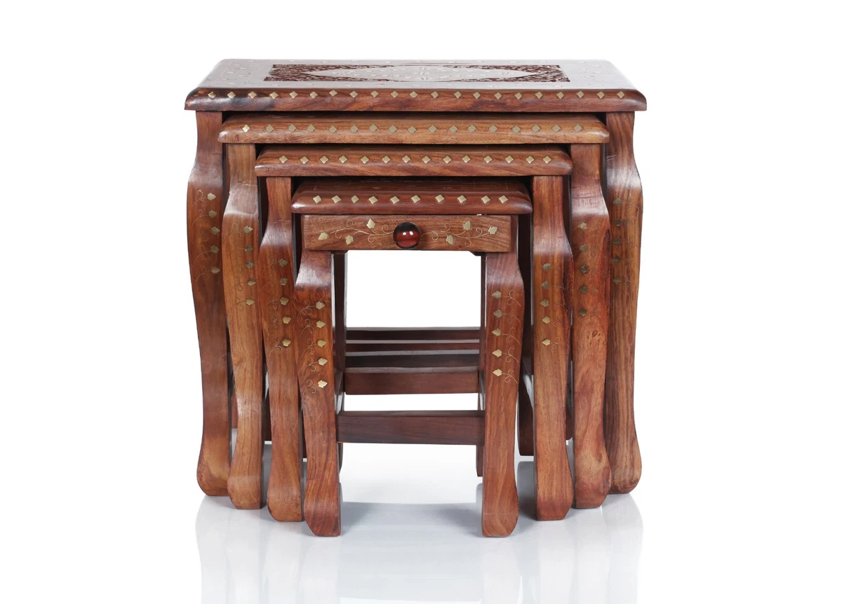 Set of 4 Nesting Table Hand Carved made wt Solid Indian Wood Set of 4 Stool Set
