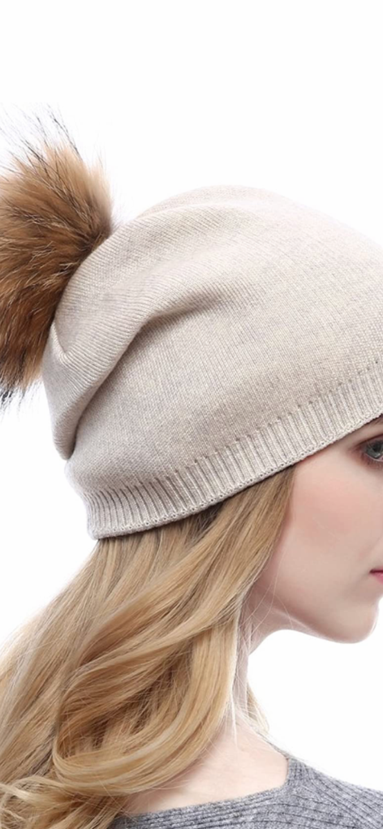 BEANIE CASHMERE, COTTON, WOOL BLEND KNIT BEIGE WITH FUR POM  display picture 1