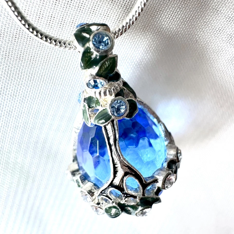 Pingente de ovo fabergé topázio azul esterlina cristais Swarovski esmalte corrente 24" - Imagem 4 de 4