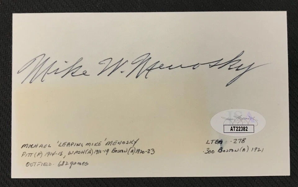 Mike Menosky Signed 3x5 Card JSA Cert w/COA MLB Senators/Red Sox (d.1983) RARE! - Image 2 of 4