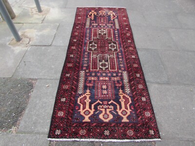 Vintage Worn Hand Made Traditional Oriental Wool Faded Blue Red Runner 246x95cm