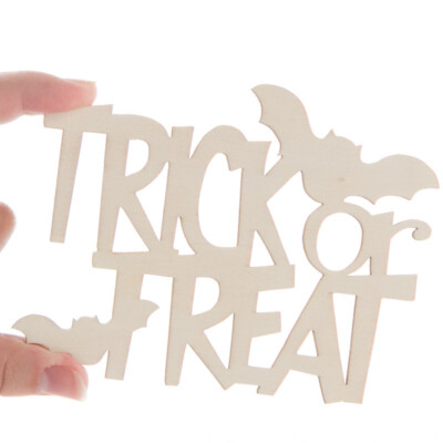 Group of 12 Laser Cut Halloween Themed ''Trick or Treat'' Wood Cutouts with Bats