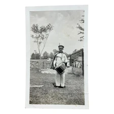 Vtg Photo Marching Band Drummer Uniform Cape Drum Rural Scene VELOX Snapshot
